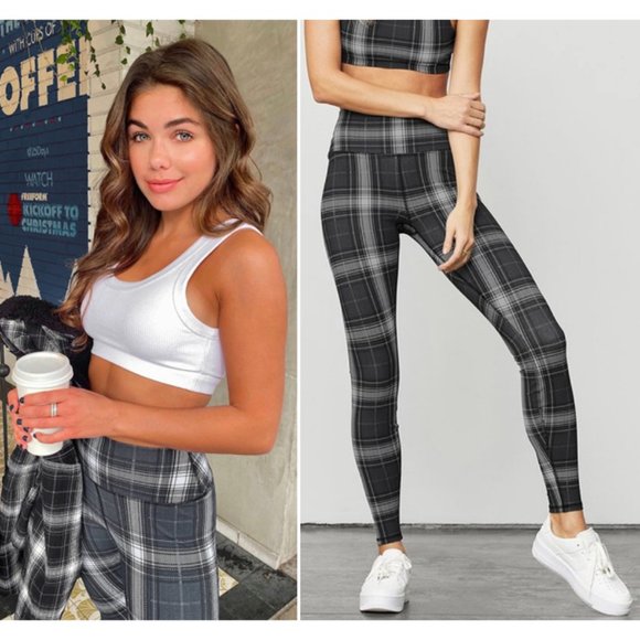ALO Yoga Pants - ALO Yoga High Waist Vapor Legging Legacy Plaid Black Gray White Athleisure S1